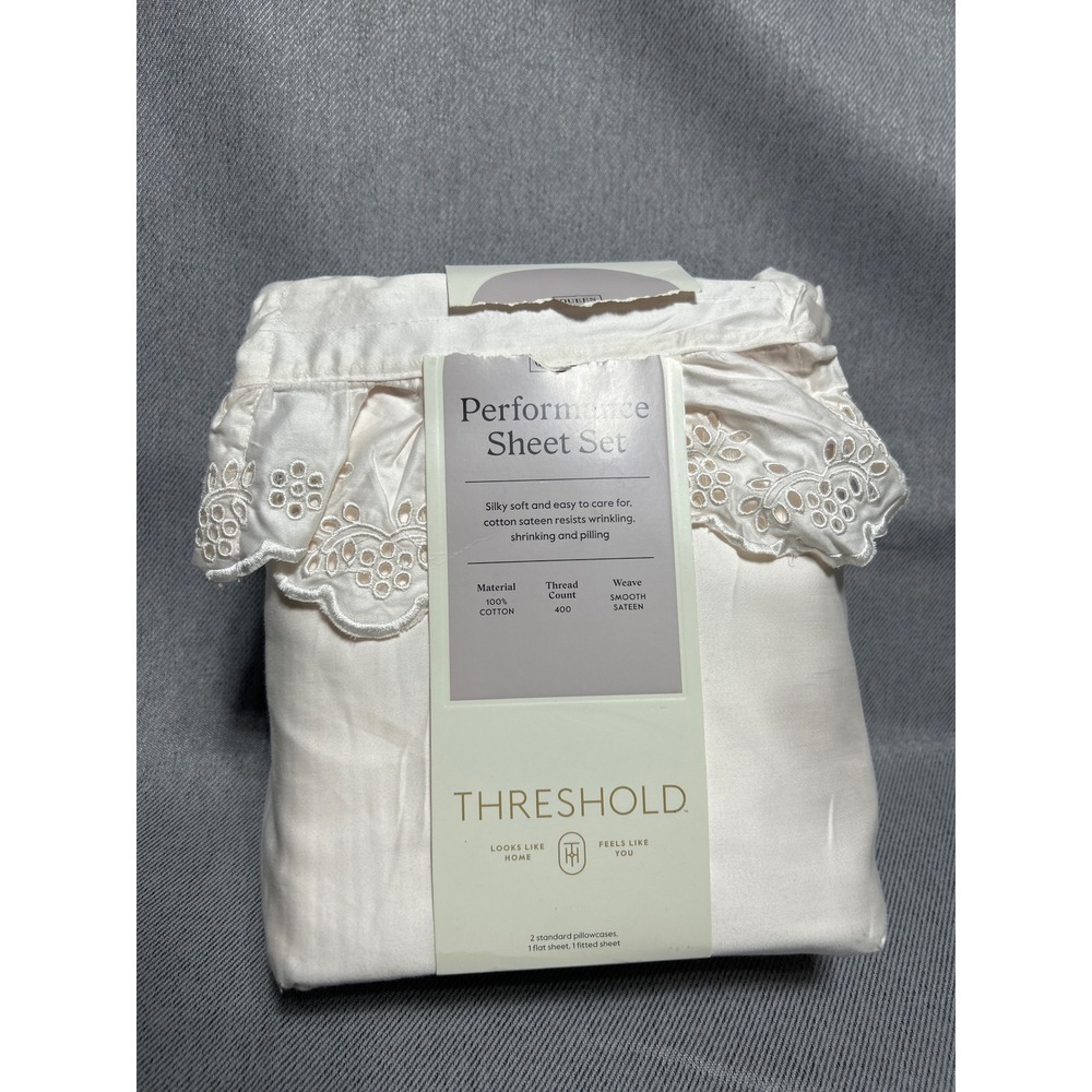 Threshold Performance Sheet Set Queen Cream Eyelet Lace Ruffle 400TC Cotton 4pc